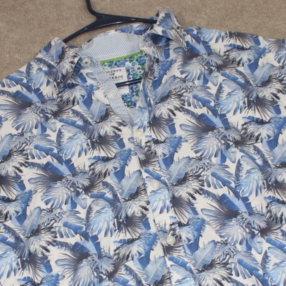 Society of Threads Mens Large Blue Tropical Palm Print Slim Fit Stretch Shirt